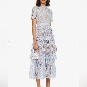 Self-Portrait Guipere Lace Blue Tiered Midi Dress for Weddings